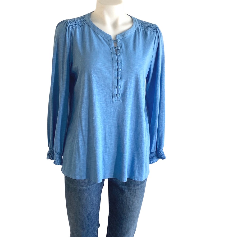 J. Jill Blue Cotton Tencel Modal Smocked Shoulder Button Front Knit Top Small